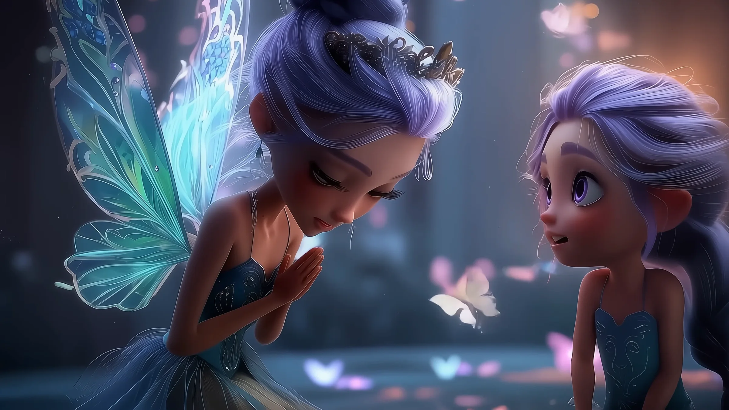 A winged girl of the Butterfly Nation bows to Lavender
