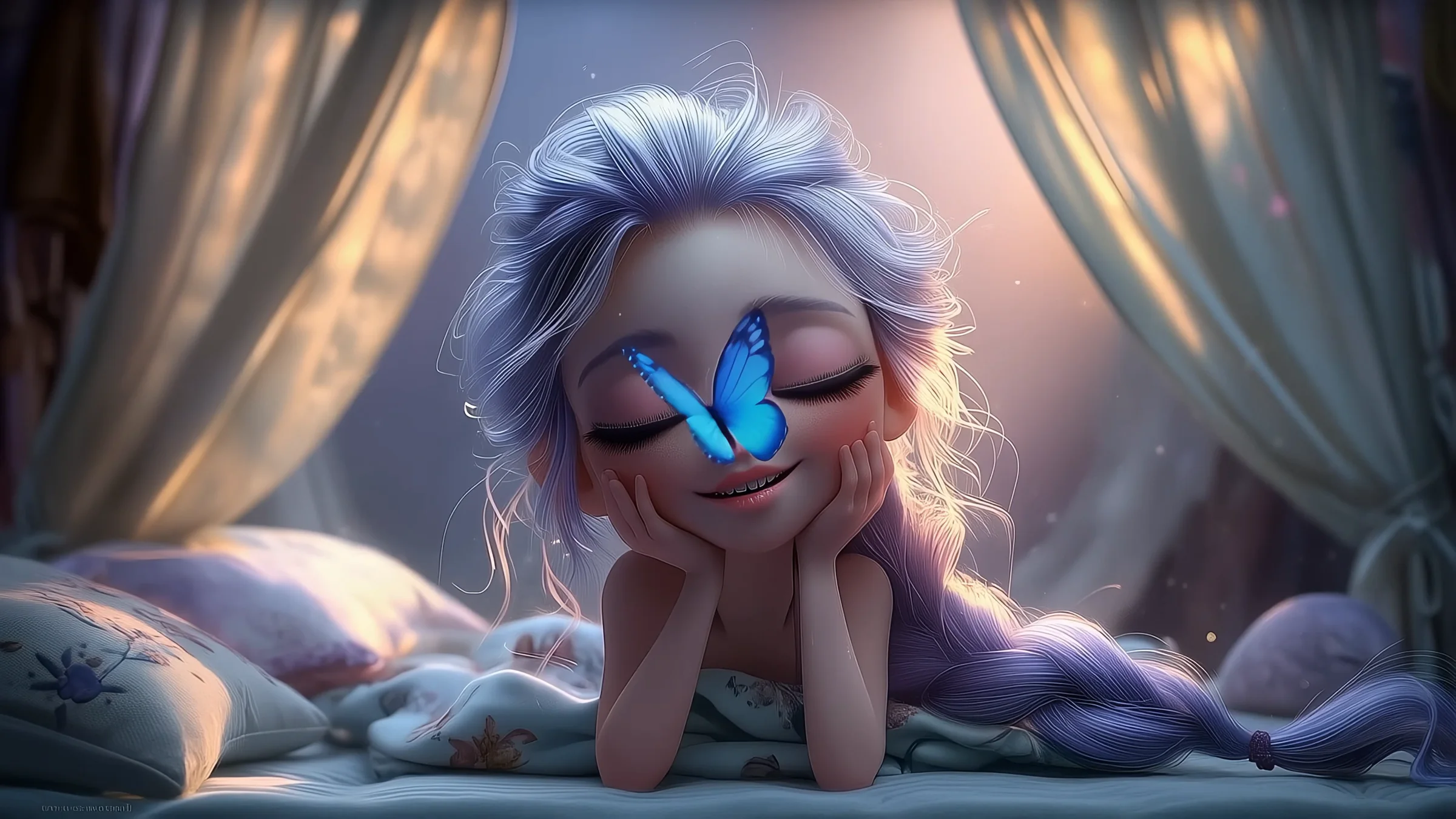 Lavender, eyes closed and smiling, as a blue butterfly lands on her nose