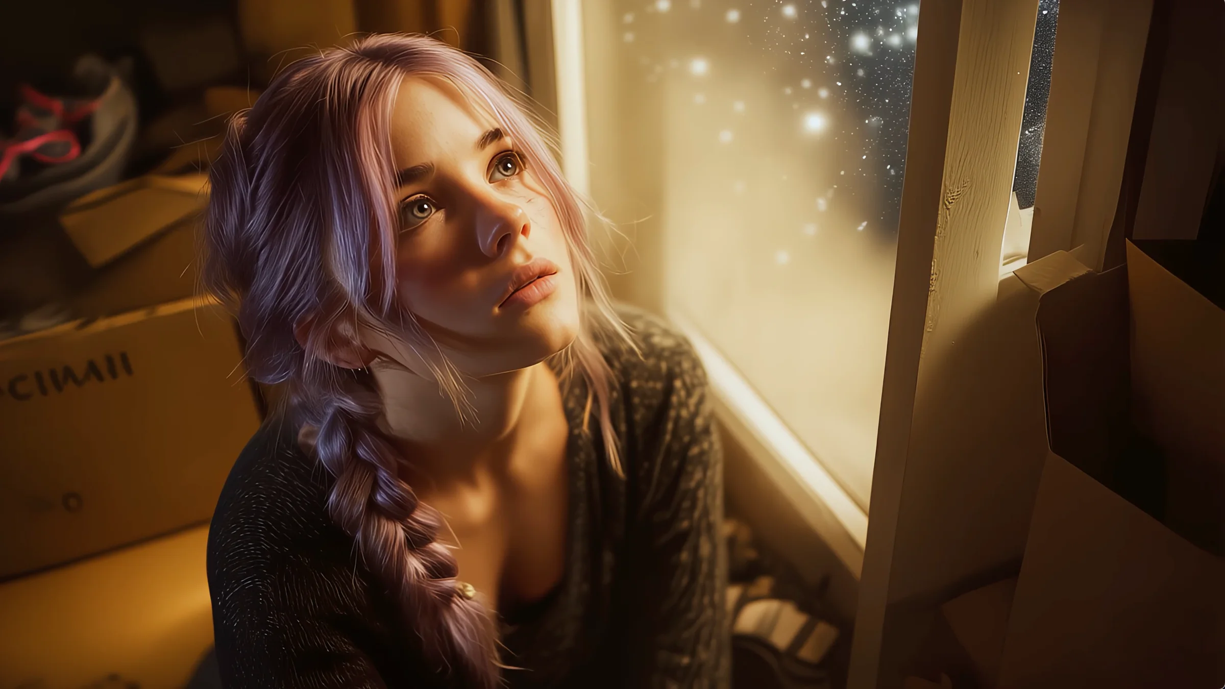 A photoreal girl with lavender hair looks up through a window at falling stars