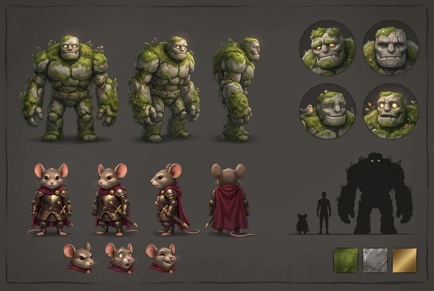 Character design sheet of a stone golem and a mouse knight