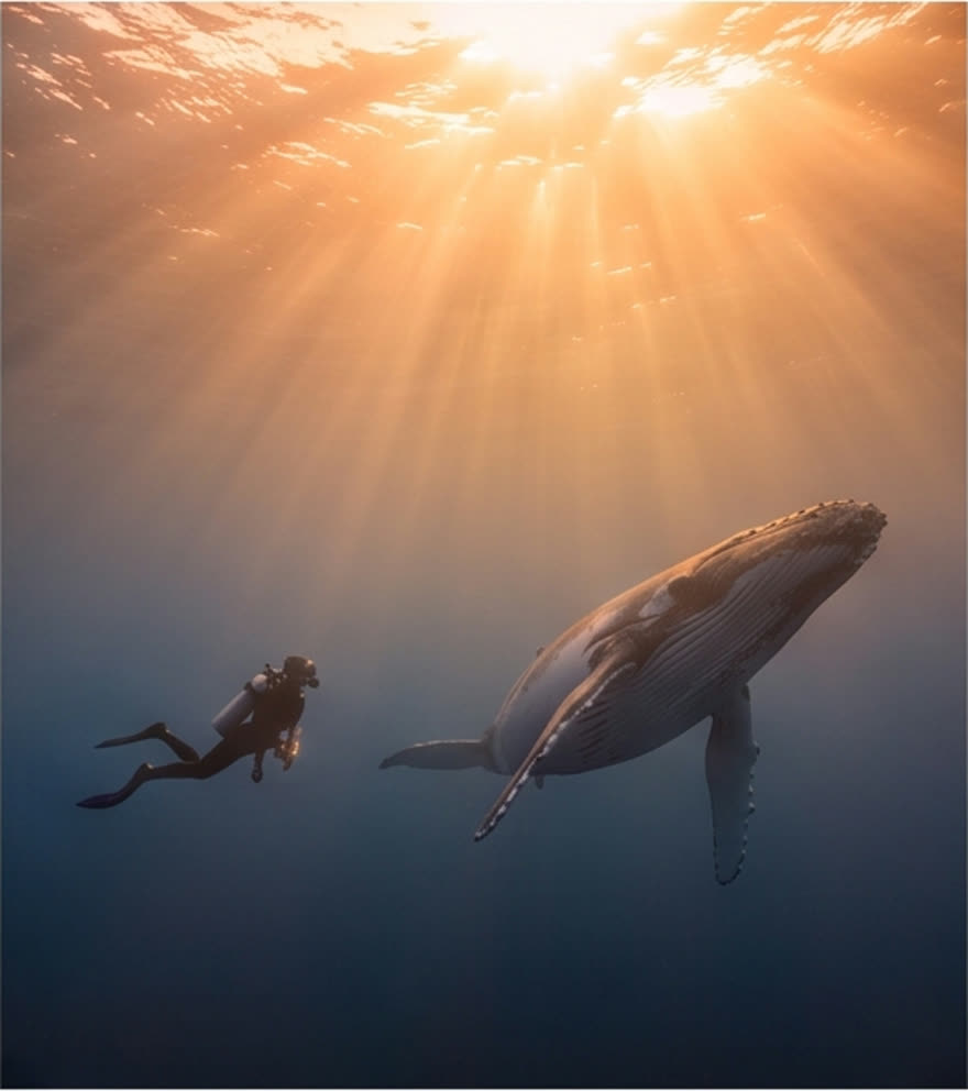 A diver and a humpback whale underwater: Golden hour