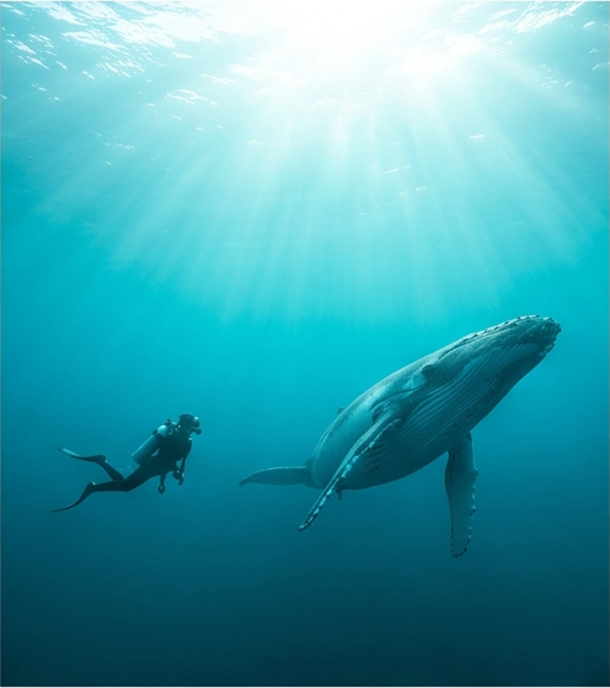 A diver and a humpback whale underwater: Midday teal