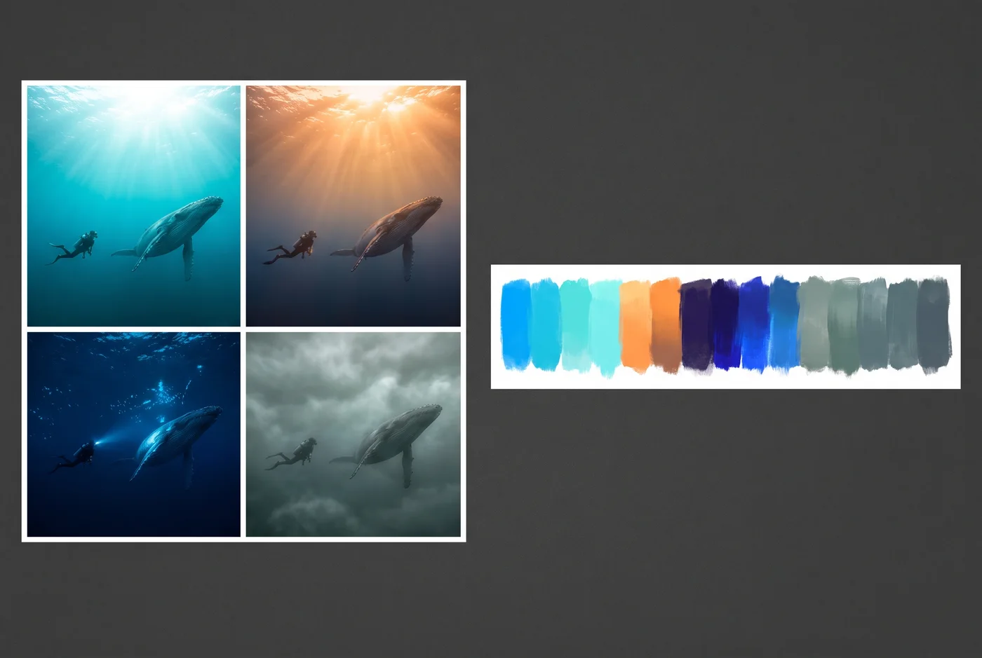 Four lighting moods of a diver and whale with a colour-script strip
