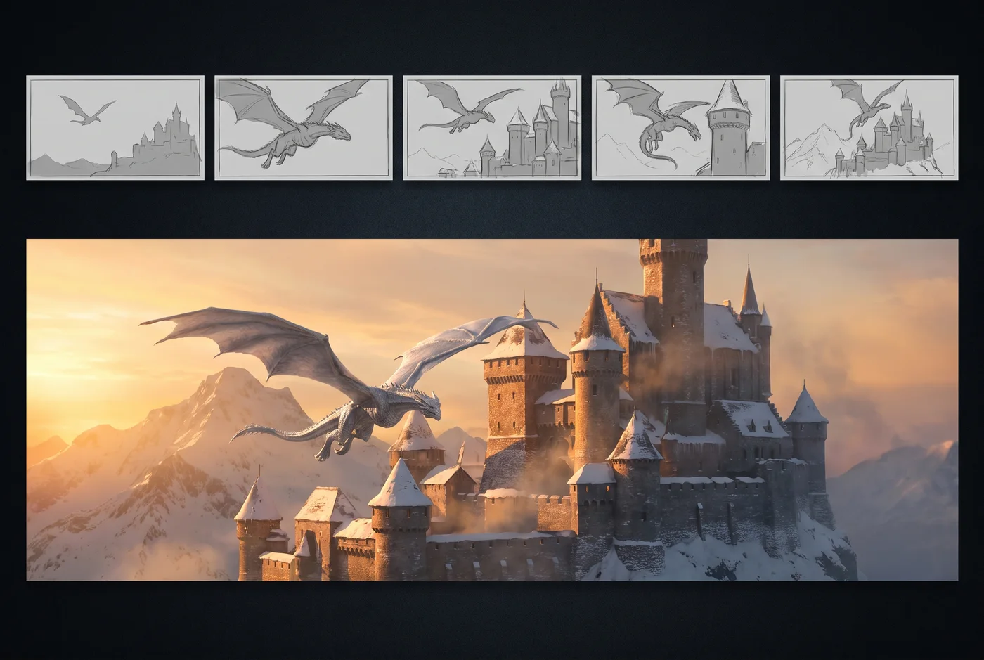 Storyboard panels of a dragon over a castle resolving into the finished frame