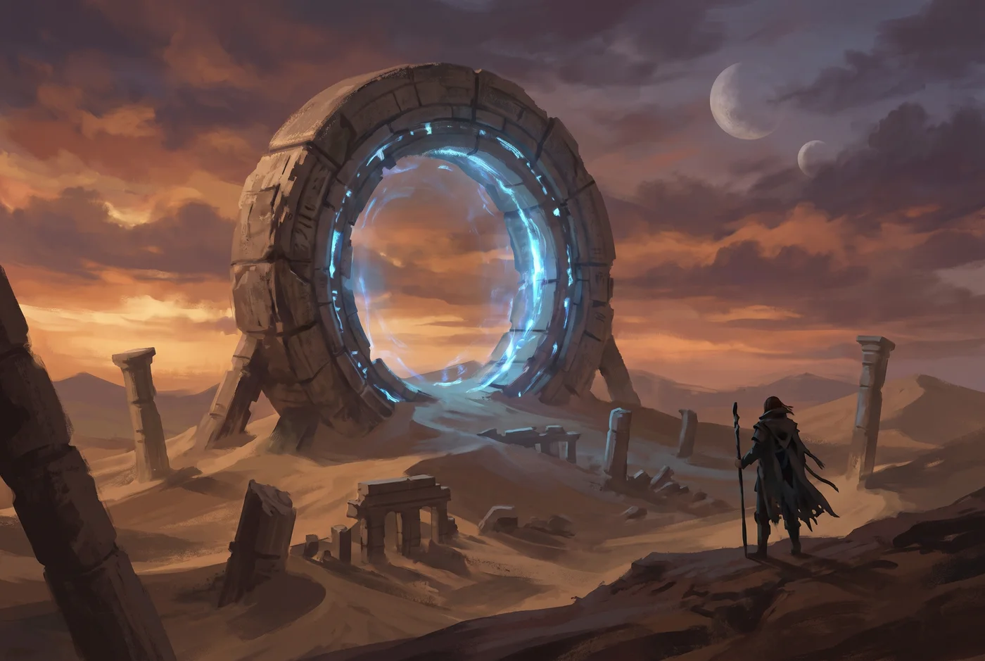 Concept painting of an ancient glowing portal in a desert with two moons